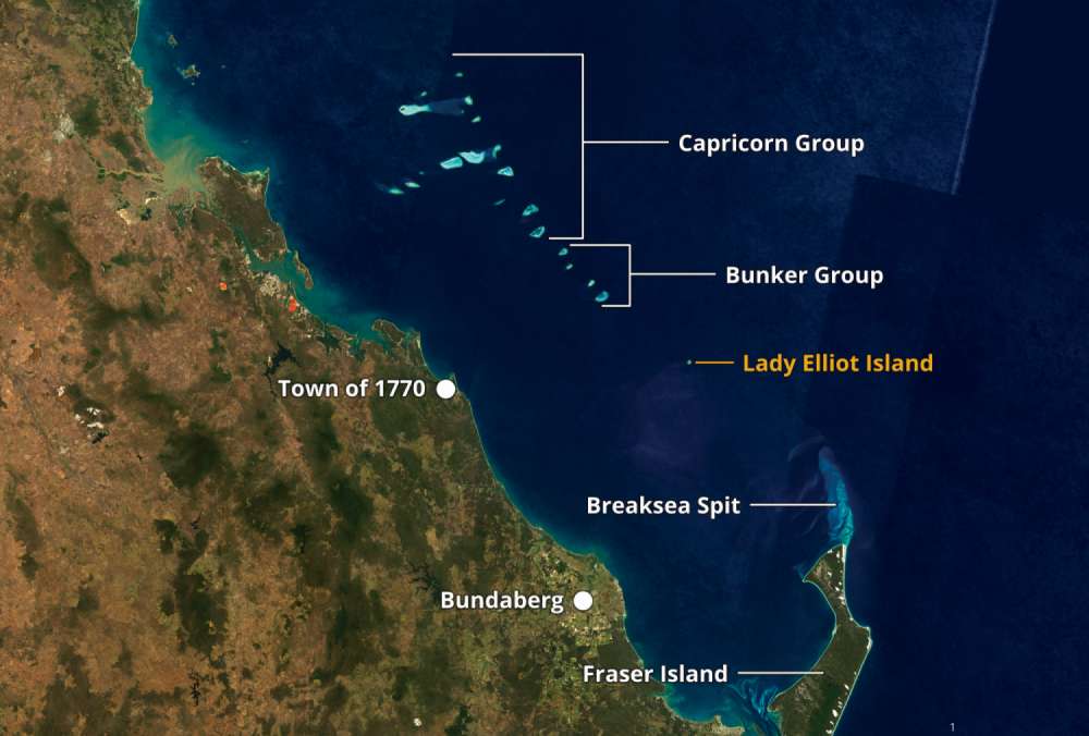 Map of Lady Elliot Island in relation to the Capricorn-Bunker Group and Fraser Island.